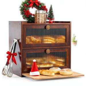 Bread Box MEEPO Large 100% Bamboo Double Layer with Cutting Board-0