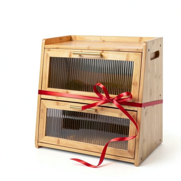 Extra Large Bamboo Bread Box Gennua Kitchen Dual Layer Storage-7