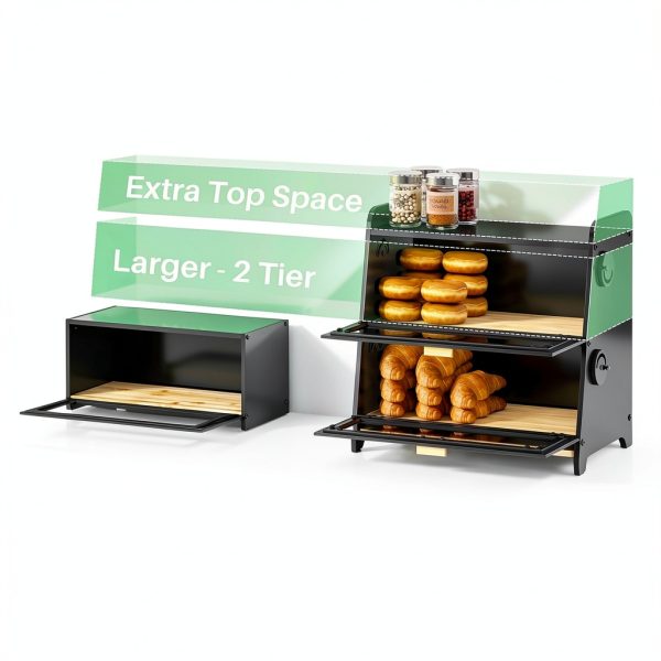 SNTD Bread Box - Kitchen Countertop Bread Storage Container with Bamboo Cutting Board, Adjustable Vent Hole Dials, Black-6