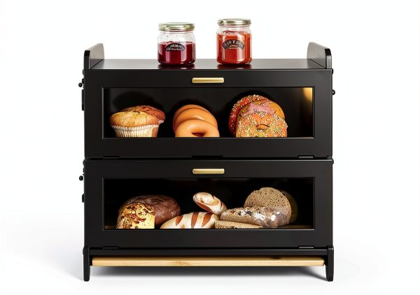 SNTD Bread Box - Kitchen Countertop Bread Storage Container with Bamboo Cutting Board, Adjustable Vent Hole Dials, Black-1