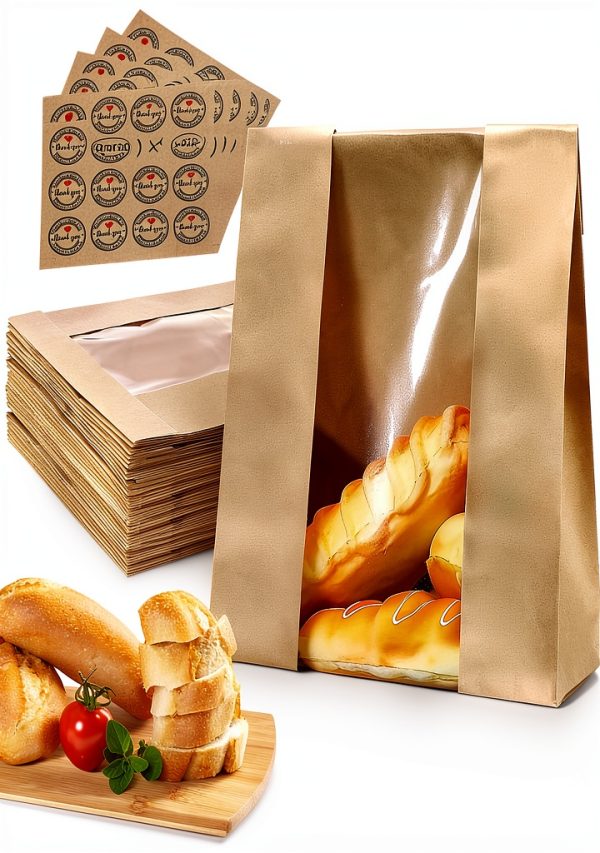 Kraft Sourdough Bread Bags QPEY 50 Pack 13.7x8.2in Thick Clear Window-0