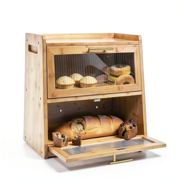 Extra Large Bamboo Bread Box Gennua Kitchen Dual Layer Storage-2