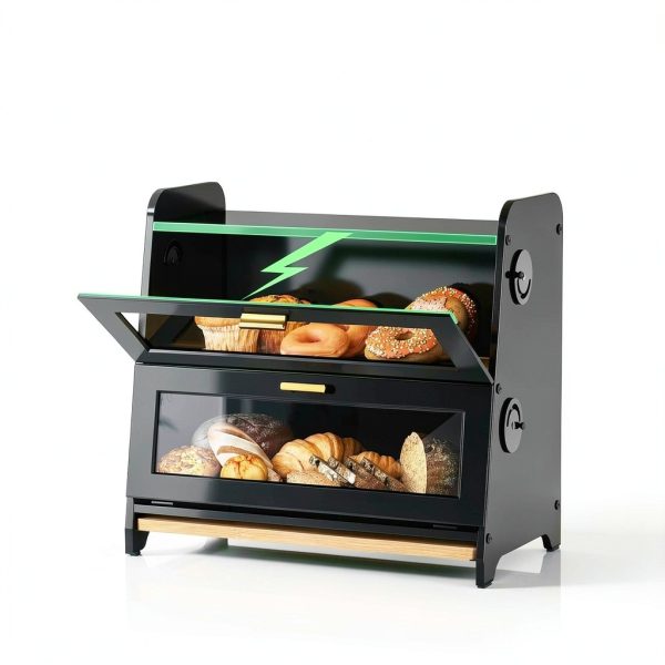 SNTD Bread Box - Kitchen Countertop Bread Storage Container with Bamboo Cutting Board, Adjustable Vent Hole Dials, Black-4