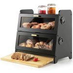 SNTD Bread Box - Kitchen Countertop Bread Storage Container with Bamboo Cutting Board, Adjustable Vent Hole Dials, Black-0