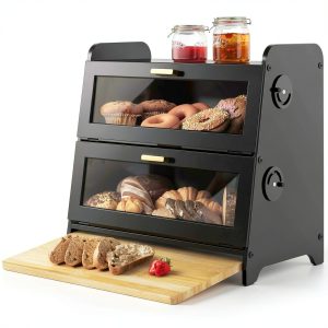 SNTD Bread Box - Kitchen Countertop Bread Storage Container with Bamboo Cutting Board, Adjustable Vent Hole Dials, Black-0