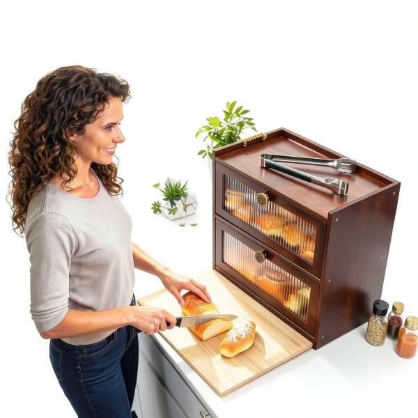 Bread Box MEEPO Large 100% Bamboo Double Layer with Cutting Board-4