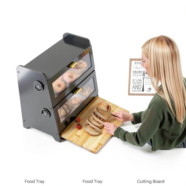 SNTD Bread Box - Kitchen Countertop Bread Storage Container with Bamboo Cutting Board, Adjustable Vent Hole Dials, Black-3